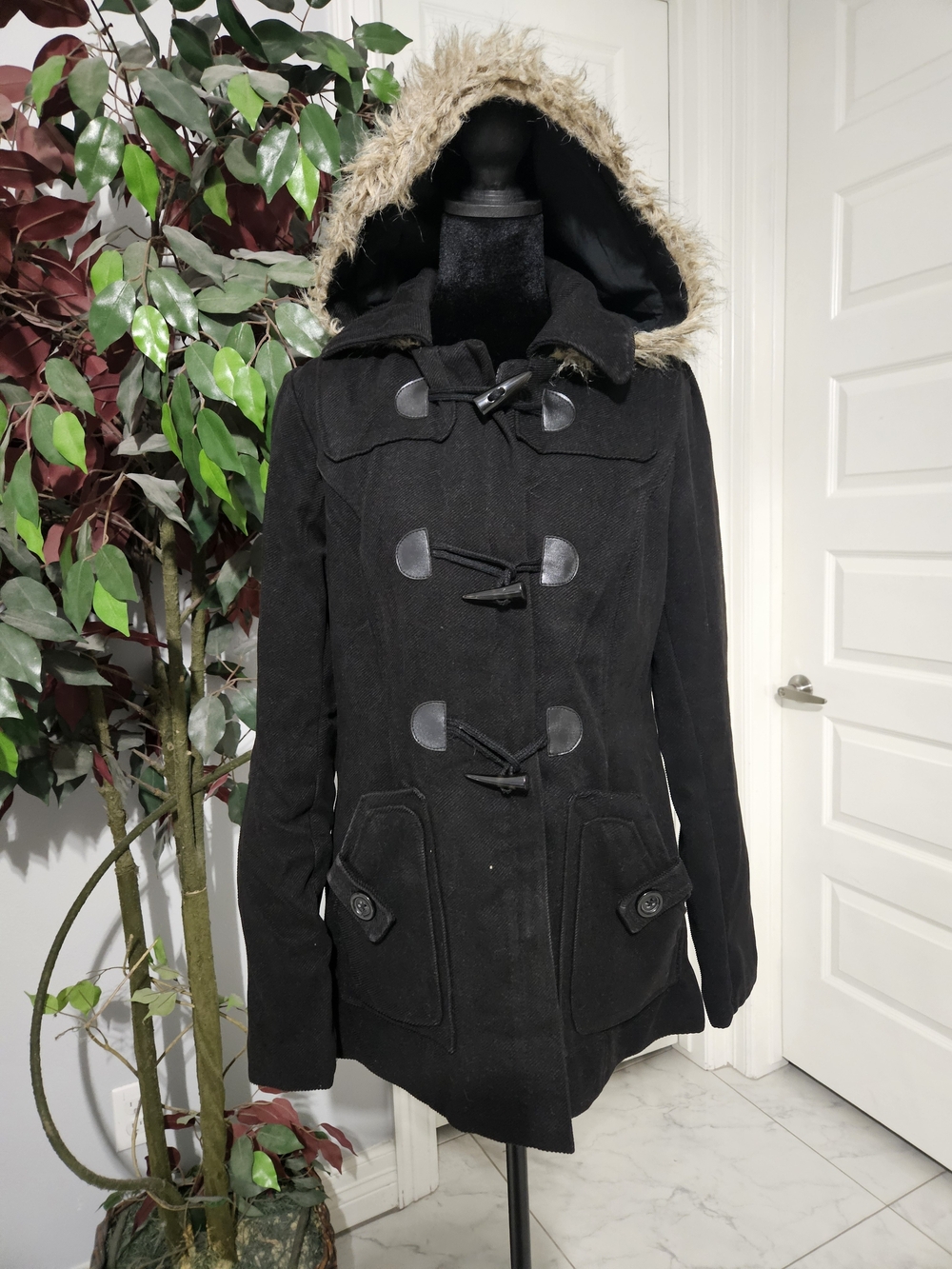 Xhilaration Black Hooded Toggle Trench Coat with Faux Fur Trim